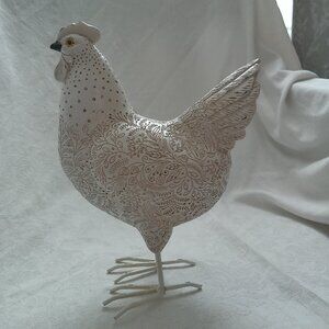 Chicken Hen Figurine White Gray Carved Resin Metal Feet VGUC